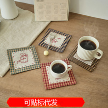 跨境田园简约布艺手工杯垫棉布格子咖啡茶杯垫壶垫刺绣居家日用