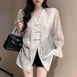 新中式国风复古盘扣气质设计感雪纺衬衫女生夏中长款领显瘦上衣