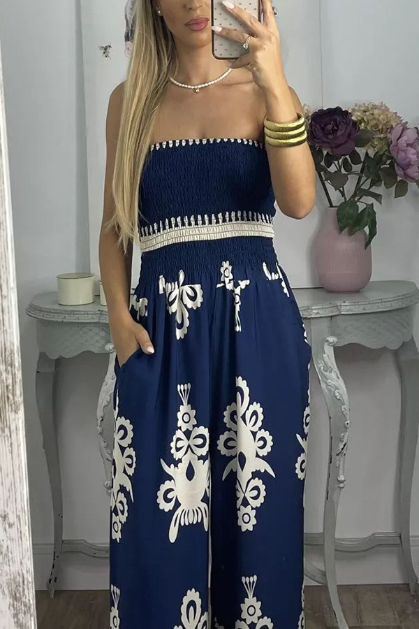 Street Hipster Wrapped Chest Printed Jumpsuit High Waist Casual Pants Women