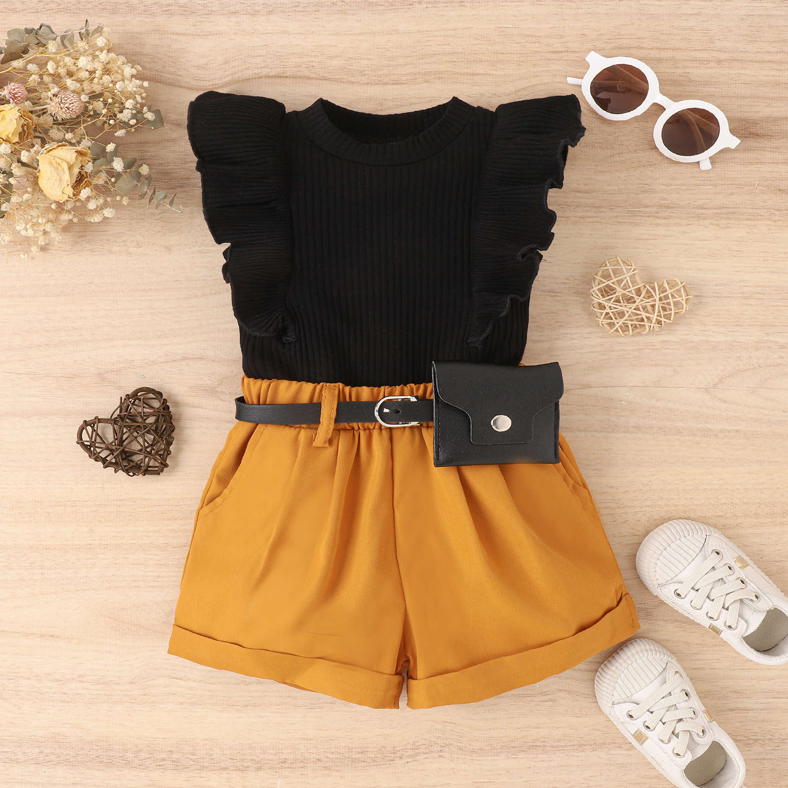 186g Weight Sleeveless Sleeve Length Cotton Fabric Type Pants Sets Sets Type Fashion Solid Color Cotton Girls Clothing Sets