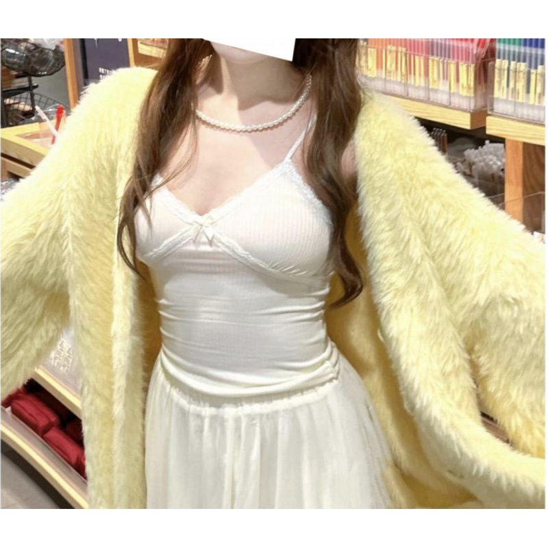 慵懒风仿水貂绒毛衣外套女秋冬日韩宽松大版口袋V领针织开衫女|undefined