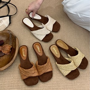 376-7~Wedge French Retro Braided Square Toe Open-Toe Sandals Women's Shoes for Outer Wear 2025 Summer New Style