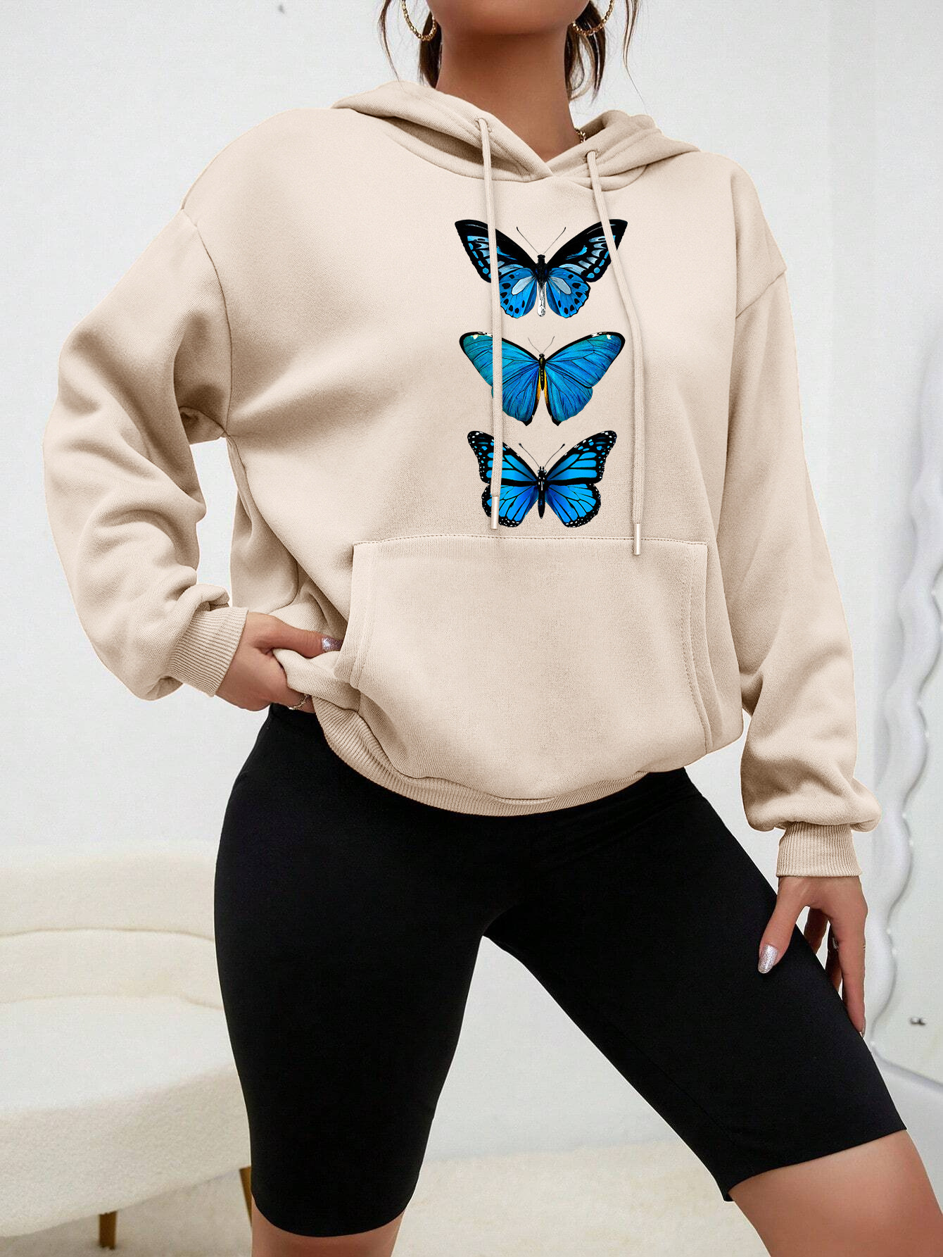Creative Butterfly Design Print Women Hoodie New Set Casual