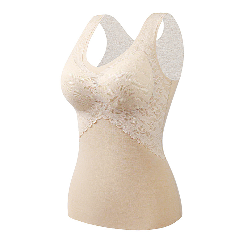 Ropa interior térmica de seda autocalentadora de terciopelo sin costuras para mujeres con almohadilla en el pecho engrosada chaleco térmico de terciopelo de encaje interior