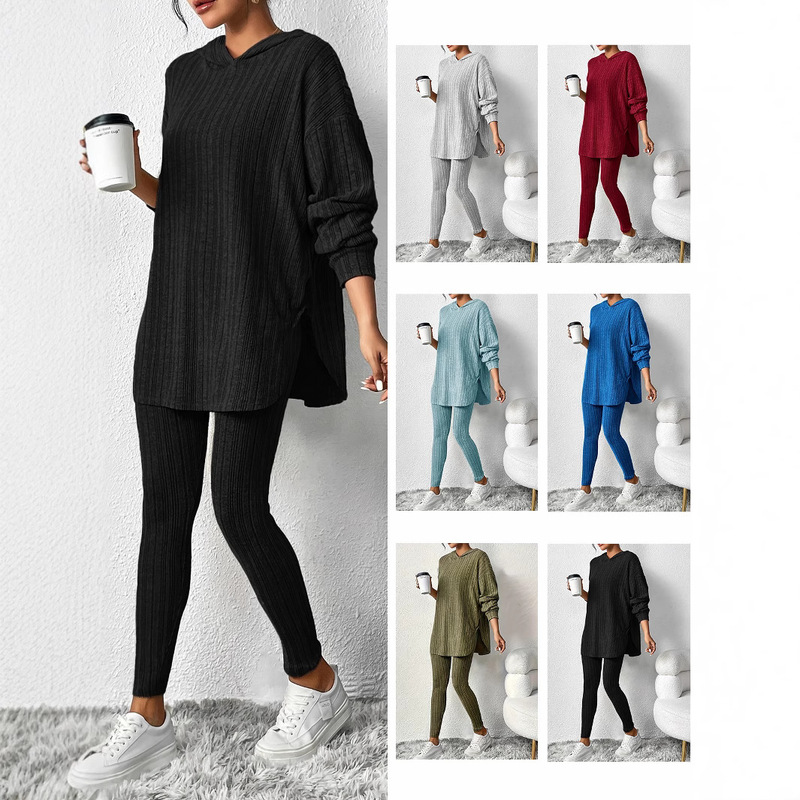 2026 Autumn/Winter European and American Amazon Cross-Border Women's Ribbed Loose Hooded Long-Sleeve Casual Long Pants Ribbed Set 2026 Autumn/Winter European and American Amazon Cross-Border Women's Ribbed Loose Hooded Long-Sleeve Casual Long Pants Ribbed Set