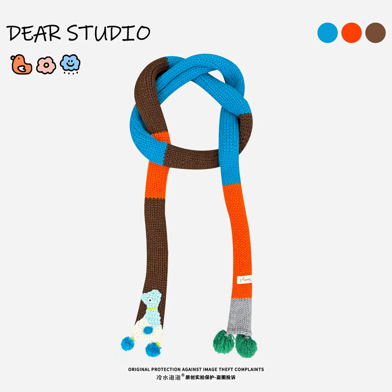 Trendy dopamine-inspired colorful cartoon knitted scarf for women, perfect for autumn and winter, creating a stylish and atmospheric look with its slim, long, and unique design