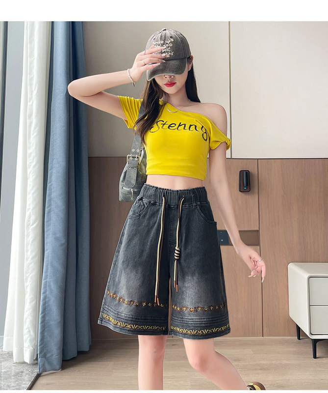 黑色高腰牛仔短裤女2025年夏季薄款大码胖mm阔腿宽松松紧腰五分裤|undefined