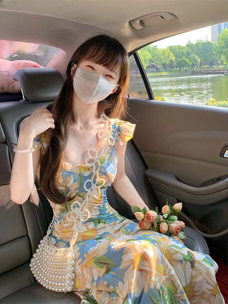 小飞袖油画碎花吊带连衣裙女夏多巴胺彩色艺术生海边度假沙滩长裙