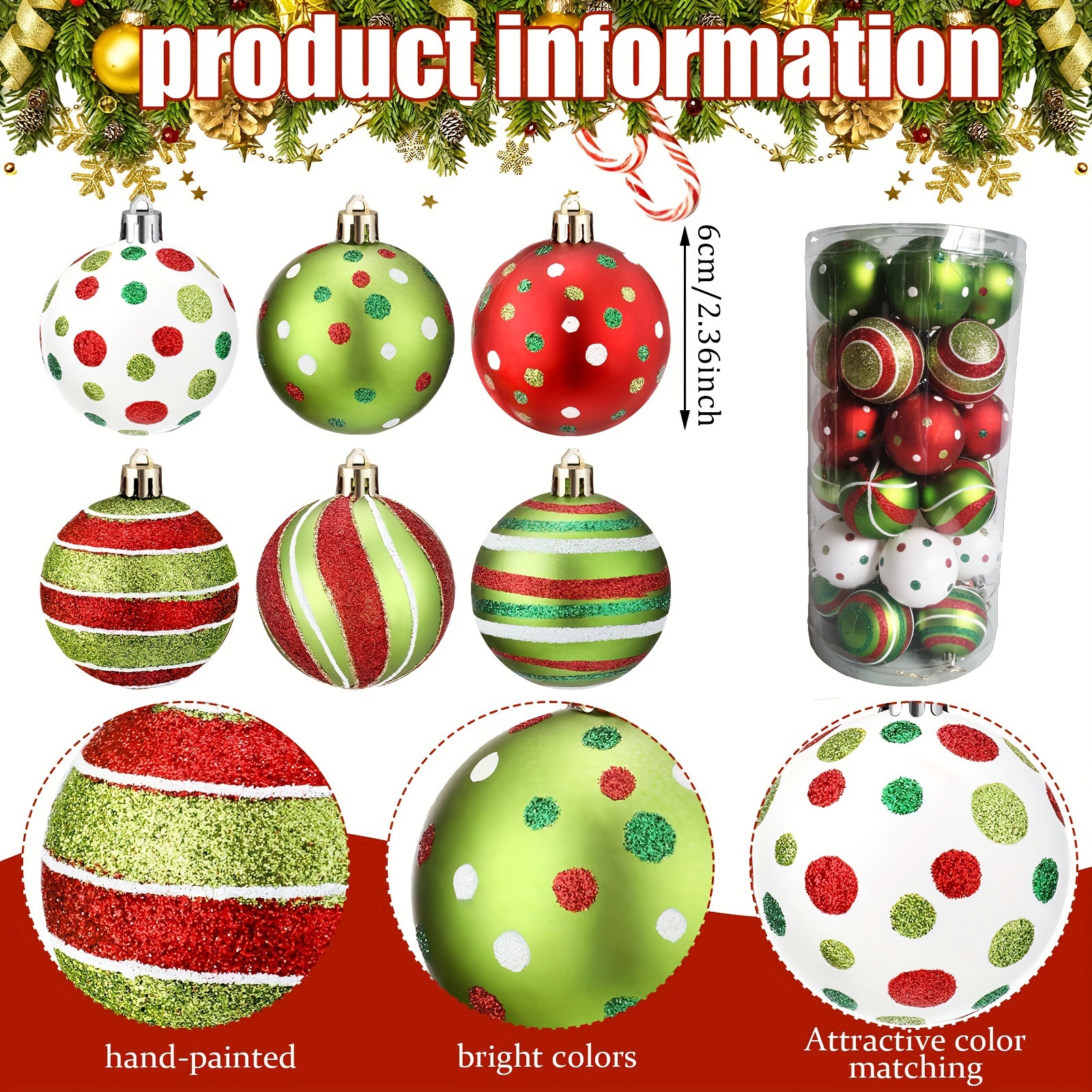Bolas de Navidad de plástico galvanizadas pintadas a mano 6CM 30 paquetes de PVC cilindro Grinch color de decoración de árbol de Navidad