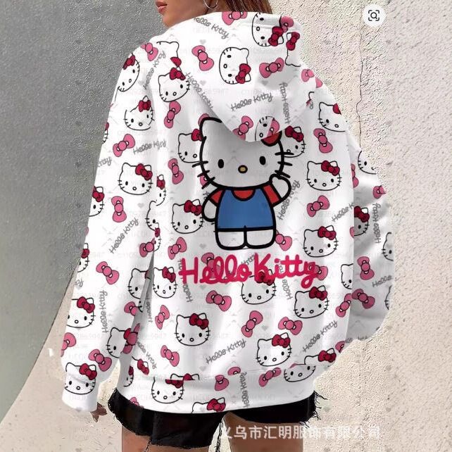 New Hello Kitty Full-Print Hooded Sweatshirt Cute Cartoon Kitty Cat Print Loose Long-Sleeve Hoodie