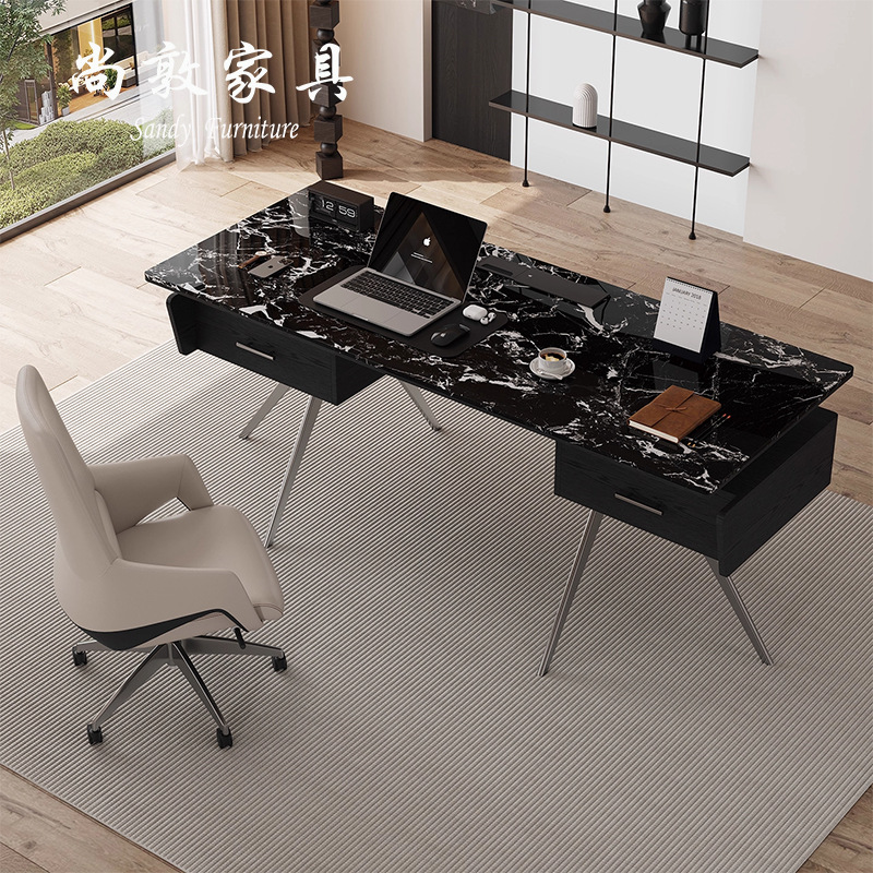 Retro Light Luxury Marble Desk Solid Wood Super Crystal Stone Italian Minimalist Home Computer Desk Medical Beauty Consultation Table