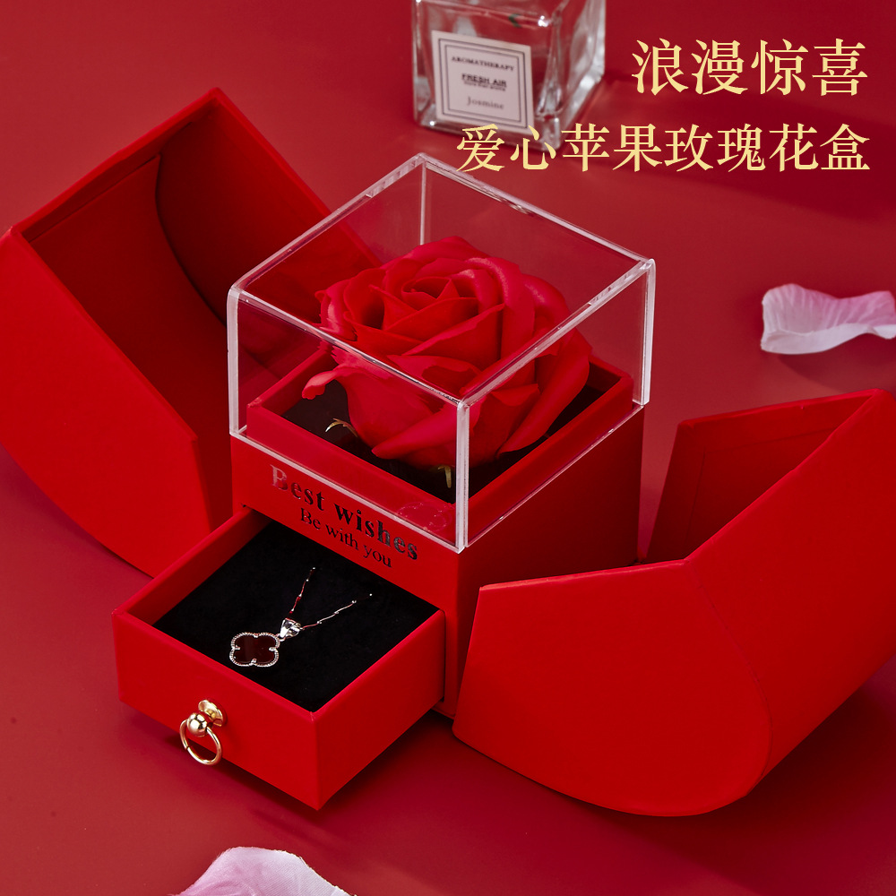 Heart-shaped Apple Rose Box Acrylic Necklace Ring Gift for Friends Christmas Qixi Birthday Double Opening Box