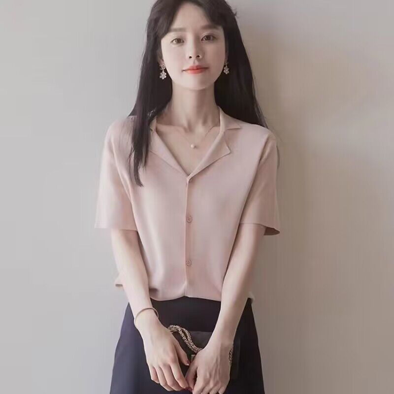 Áo cardigan nữ cổ POLO dệt kim lụa băng tay ngắn mùa hè — Màu trắng sữa chi tiết 1