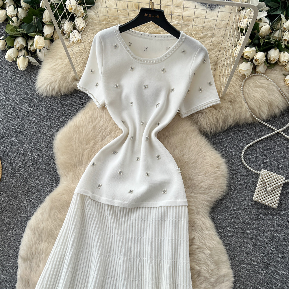 Women's French Style Beaded Short Sleeved Dress Summer Gentle Feminine High Waisted A-Line Skirt Slimming Flattering for Commuting_ecoleips.com