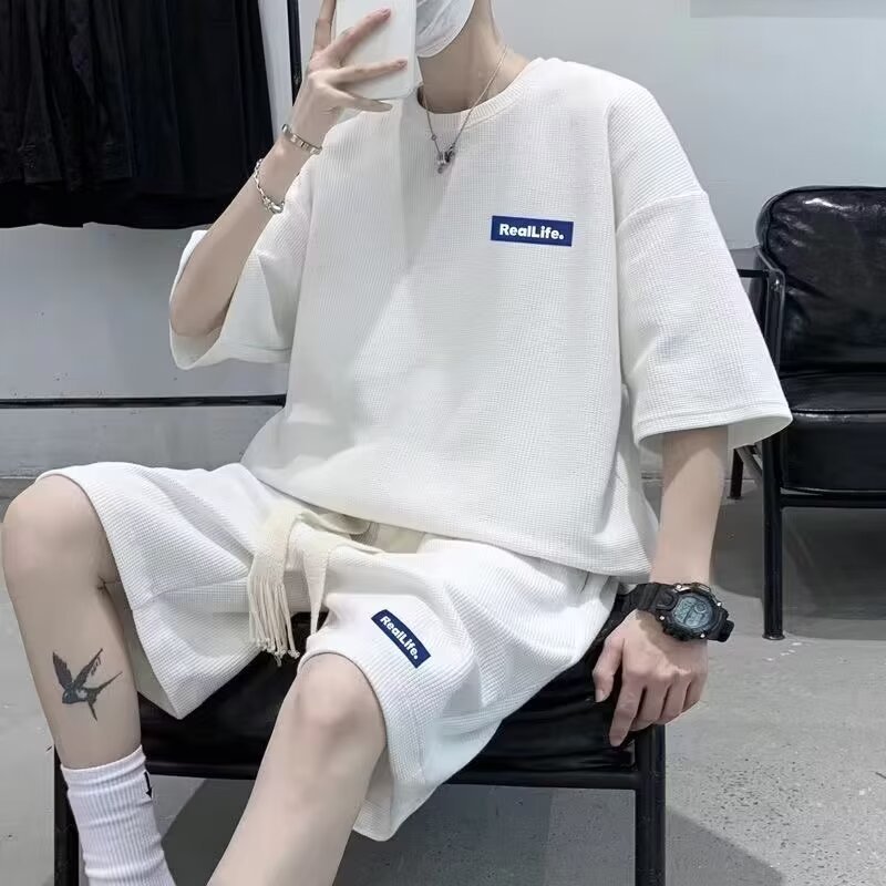 Casual Sports suit Men's Loose Summer Short-sleeved T-shirt Waffles Men's Clothing Set with Handsome Shorts