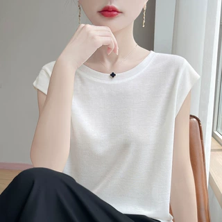 高级感简约圆领冰丝凉爽宽松T恤衫女大码正肩短袖小飞袖针织上衣