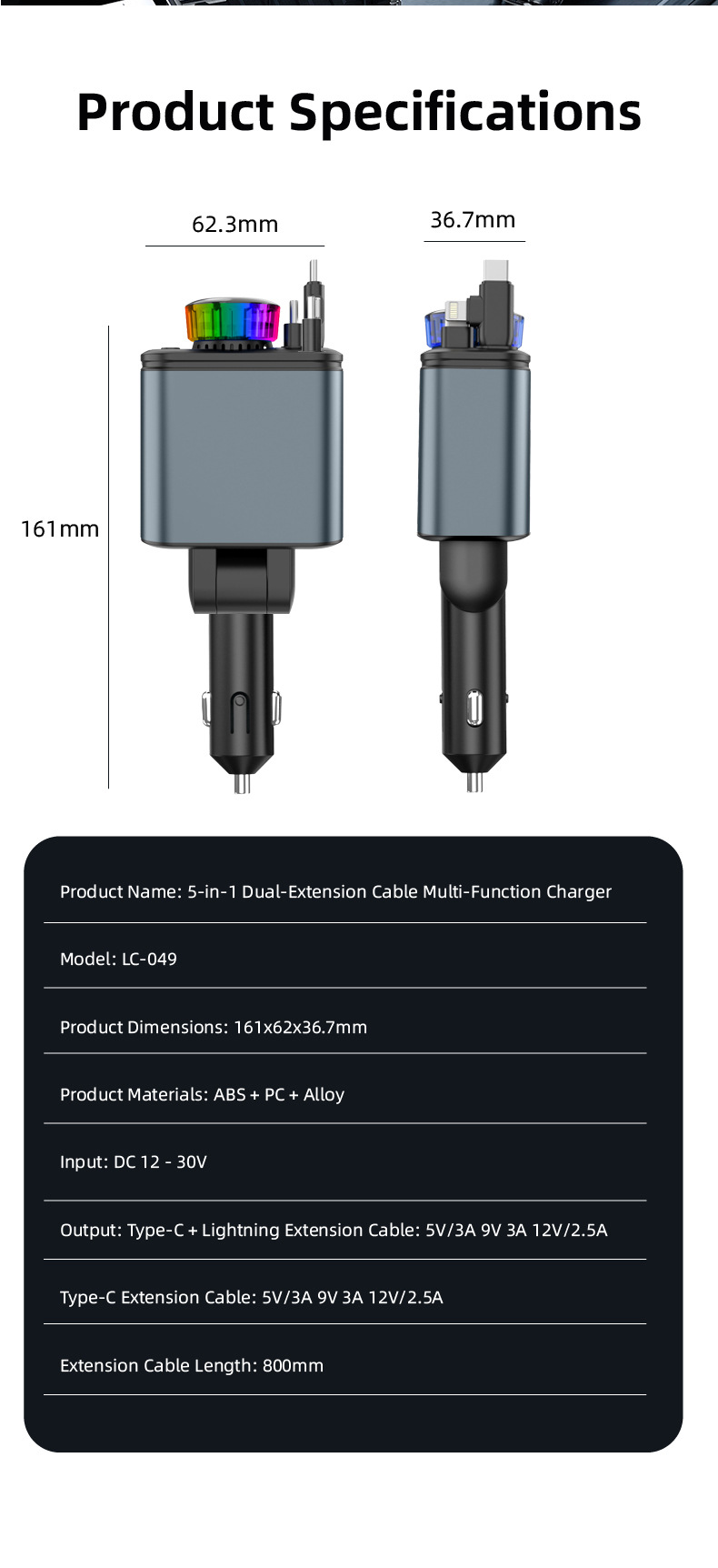 Car fast charger with starry sky light, ambient light, aromatherapy diffuser, Bluetooth MP3 player, retractable data cable