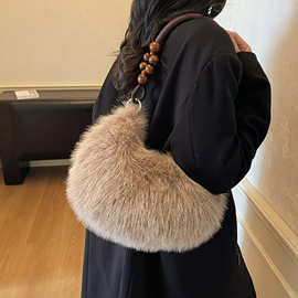 甜美包包女新款秋冬毛毛手拎包串珠饺子包木珠子大容量手提托特包