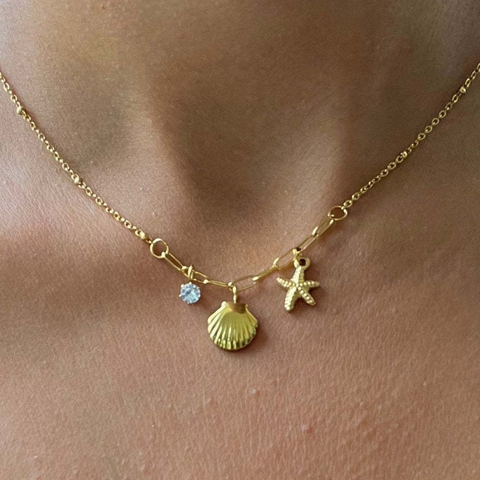cable chain Chain Type 1 Piece Quantity Ion Plating (IP) 18K Gold Plated Scallop Starfish 201 Stainless Steel Vacation Marine Style Waterproof Non Tarnish Multi Charms Necklace