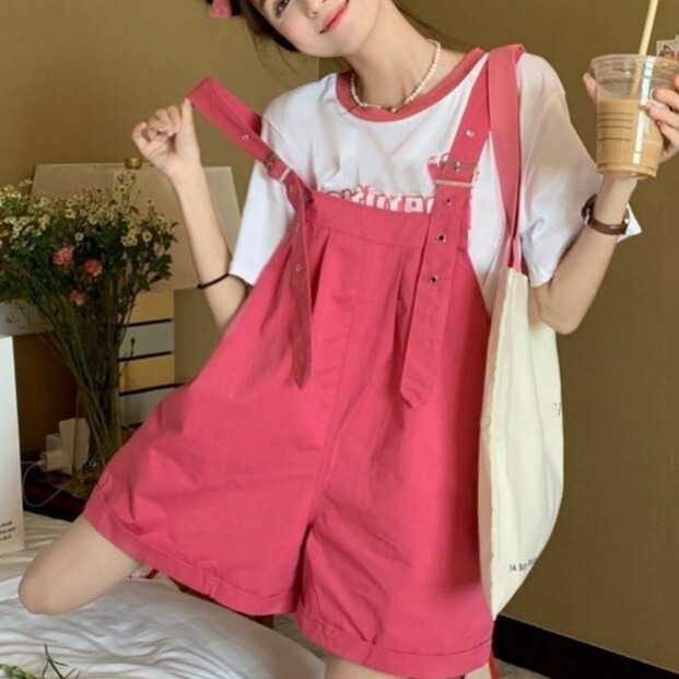 Age-Reducing Girl High-Waist Overalls Student Korean Style Loose Casual Workwear Suspenders One-Piece Pink Five-Point Shorts