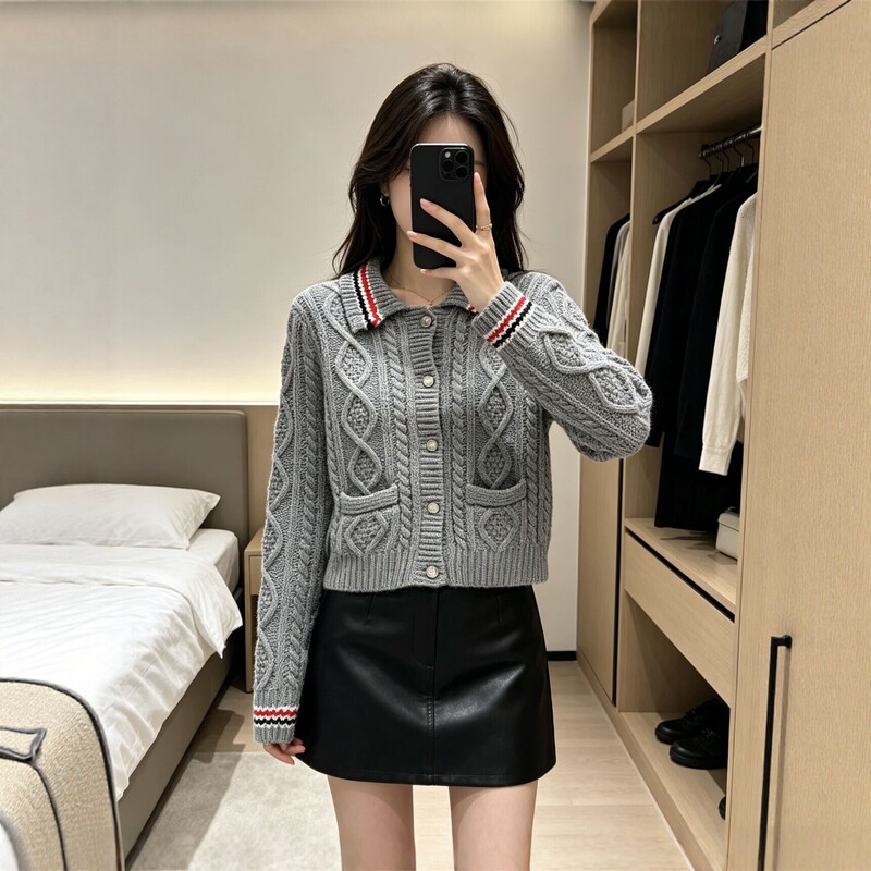 TB autumn and winter coarse linen texture knitted cardigan with a contrasting striped collar, short sweater coat with pockets, women's clothing TB autumn and winter coarse linen texture knitted cardigan with a contrasting striped collar, short sweater coat with pockets, women's clothing