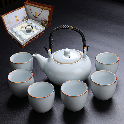 Honey-colored Ge Kiln Lift Lift Pot Kung Fu Tea Set Household Ceramic Large Teapot Teacup Opening Gift Wholesale