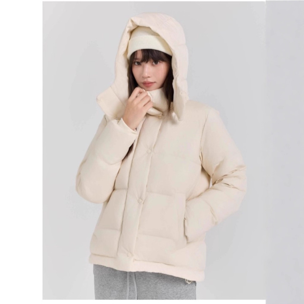 Lulu Same Style White Duck down Jacket for Women, Winter Version, Fleece-Lined, Thickened, Warm, Short Hooded Puffer Jacket