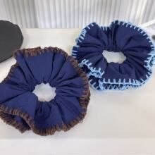 重磅布艺蓝色拷边收腰发圈女高级感花边头绳扎丸子头皮筋头花发饰