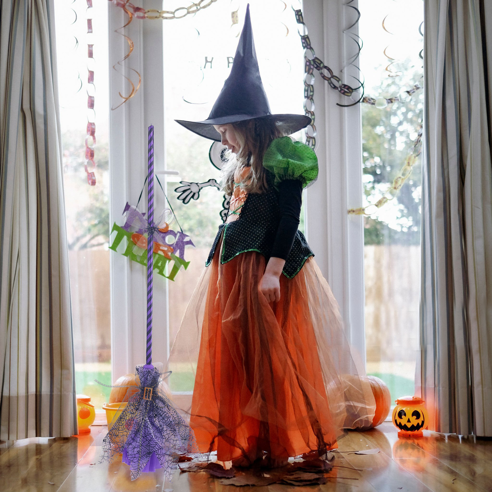 Decoración de Halloween arco malla escoba mágica accesorios de fiesta de Halloween arco bruja escoba personalizada