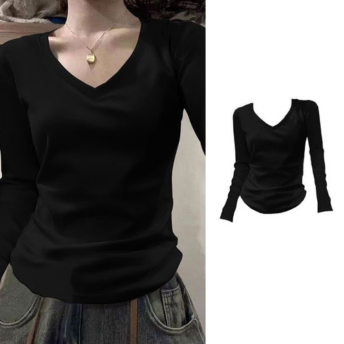 250g Ice Silk Ribbed Solid Color V-Neck Long Sleeve Women's New Spring Autumn Underwear Top Slimming T-Shirt