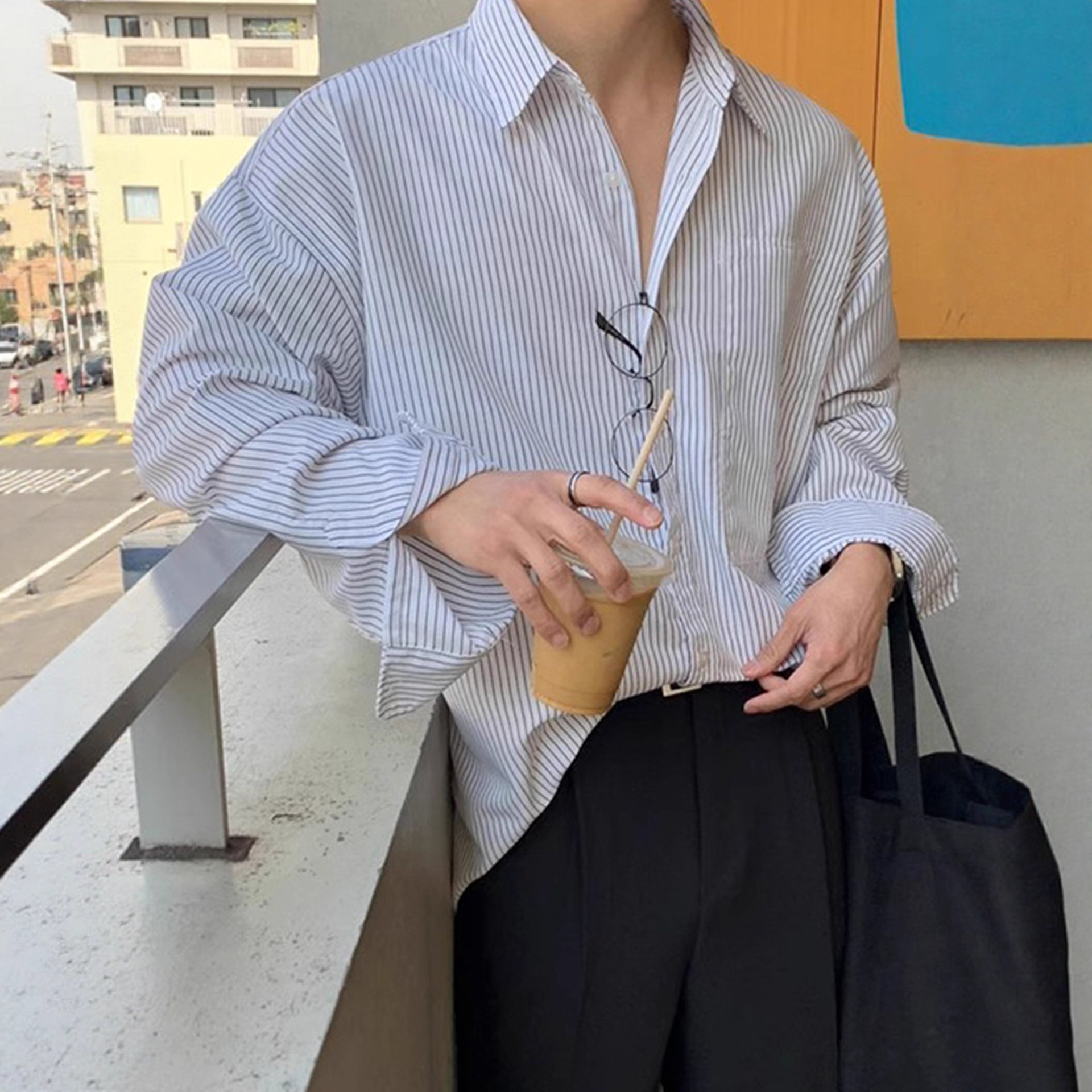 韩版衬衫竖条纹衬衫男长袖春秋季休闲宽松垂感美式复古衬衫外套男