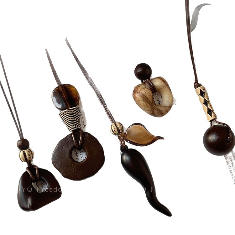 Vintage Kaffeefarbene Unregelmäßige Anhänger Pulloverkette_voghion.com