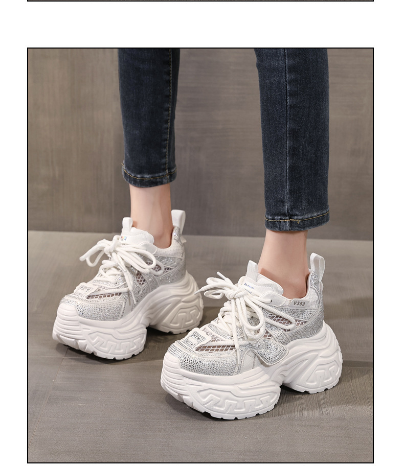 Giày sneaker nữ đế dày tăng chiều cao phong cách thời trang đính đá rhinestone, thoáng khí — màu trắng chi tiết 13