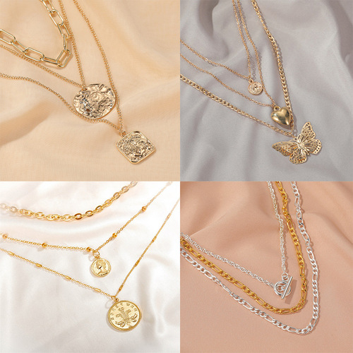 Hot-selling Geometric Layered Necklace for Women: Vintage European & American Style, Featuring Butterfly and Heart Pendant Designs, Multi-Strand Clavicle Chain, Perfect as a Sweater Necklace