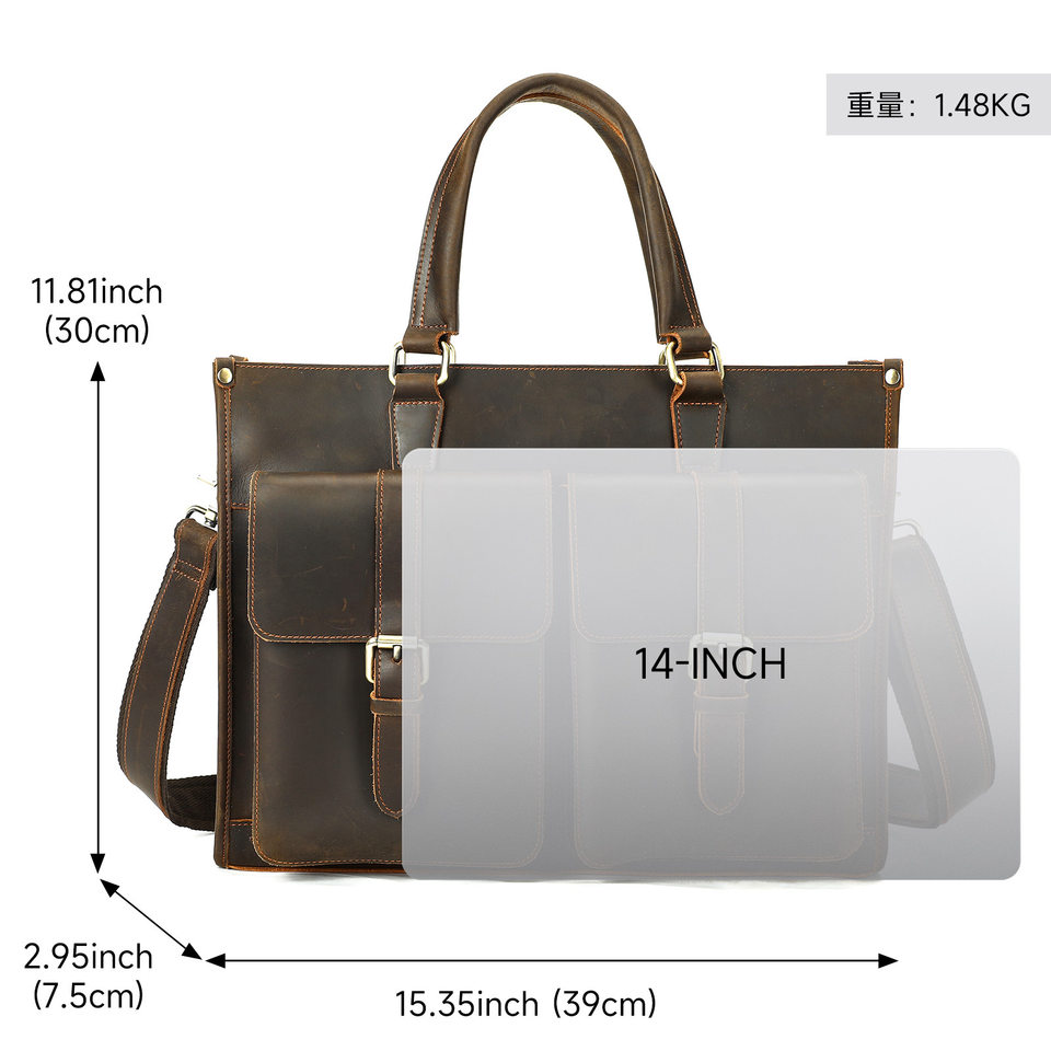 Túi xách tay nam da bò thật 39×7,5×30 cm đựng laptop 14 inch, cặp công sở đeo chéo tháo rời — Màu cà phê, Màu nâu đậm, màu đen