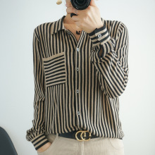 跨境2025秋冬新款针织衫开衫女竖条纹衬衫polo领宽松毛衣翻领外套