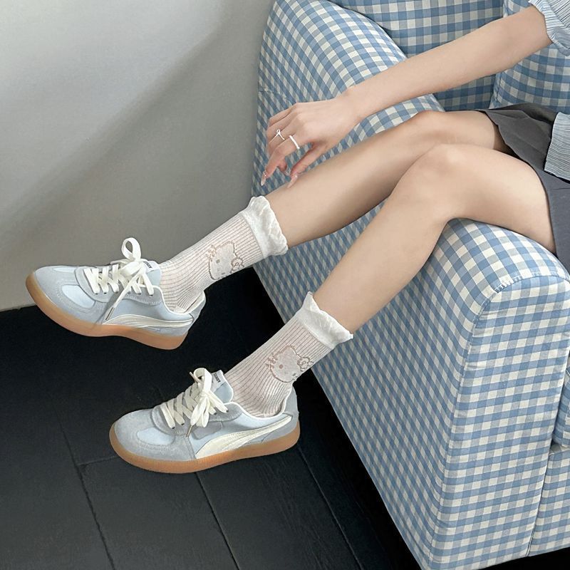 Lolita dark pattern hellokitty socks KT bow tube lace pile white breathable leather shoes jk sweet