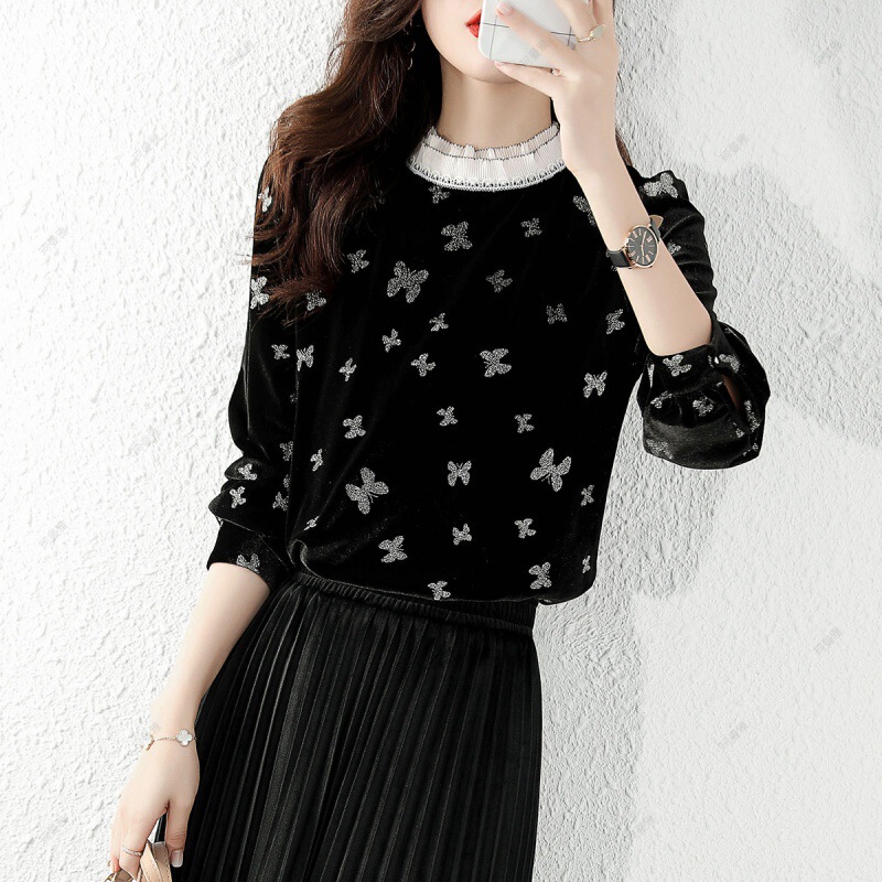 2026 Autumn and Winter New Casual Versatile Design Butterfly Print Velvet Ruffle Half-Turtleneck Top T-Shirt