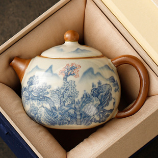Ru Kiln Flower Kung Fu Tea Set Small Set One Pot Four Cups Home Hotel Chinese Style Vintage Blue and Flower Tea Pot Tea Tray