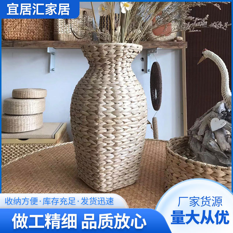 Cesta decorativa tejida de hierba estilo nórdico para flores secas y sala de estar