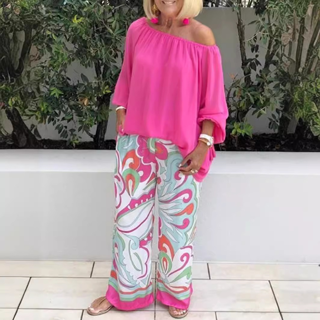 Spot Cross-Border European and American Amazon 2023 New Export Women's Printed Pants One-Shoulder Top Casual Suit