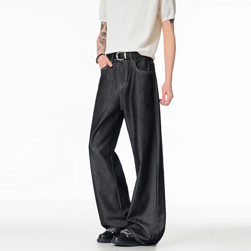 Non-Fading Raw Denim A-Line Wide-Leg Jeans for Men, Straight Loose Casual Work Pants with a Boyfriend-Style Design Non-Fading Raw Denim A-Line Wide-Leg Jeans for Men, Straight Loose Casual Work Pants with a Boyfriend-Style Design