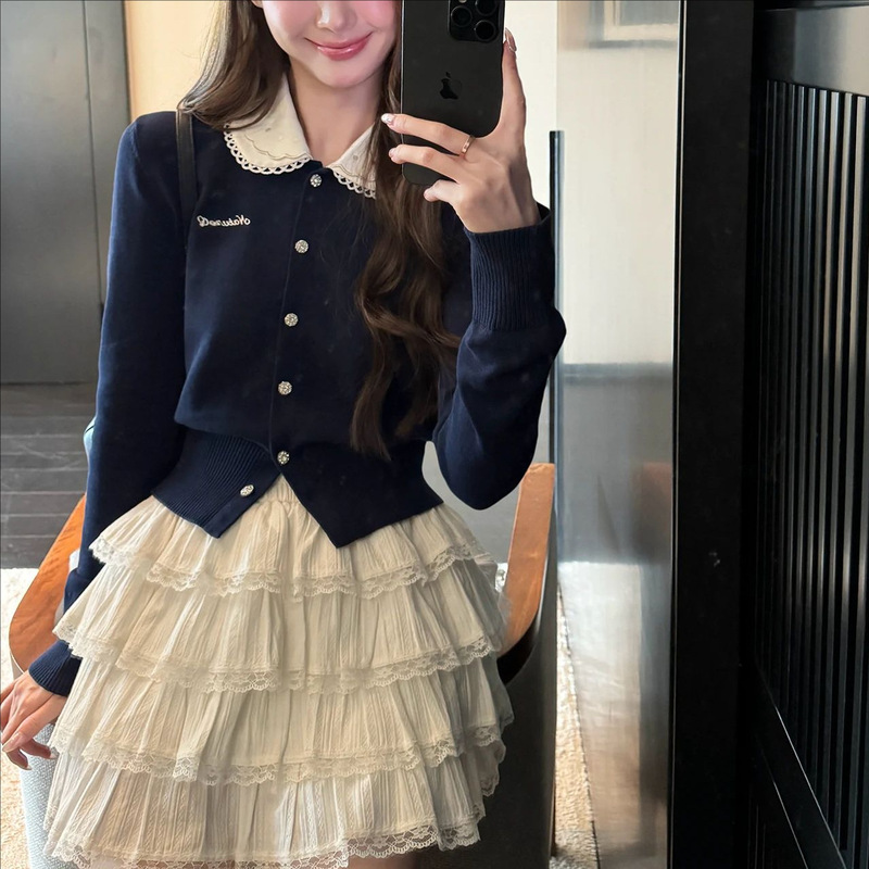 Yang~ Roll miu-style knitted cardigan long-sleeve doll collar top autumn girl's elegant outfit Yang~ Roll miu-style knitted cardigan long-sleeve doll collar top autumn girl's elegant outfit