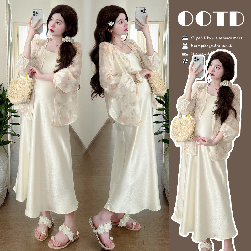 Maternity Dress Two-Piece Set 2026 New Style New Chinese Style Floral Sun Protection Clothing Satin Suspender Skirt Two-Piece Set Trendy Mom