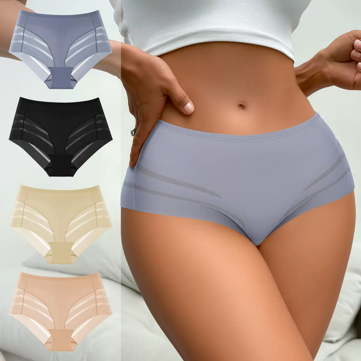 跨境外贸女式内裤夏季冰丝高弹中腰大码透气网纱性感蕾丝女三角裤