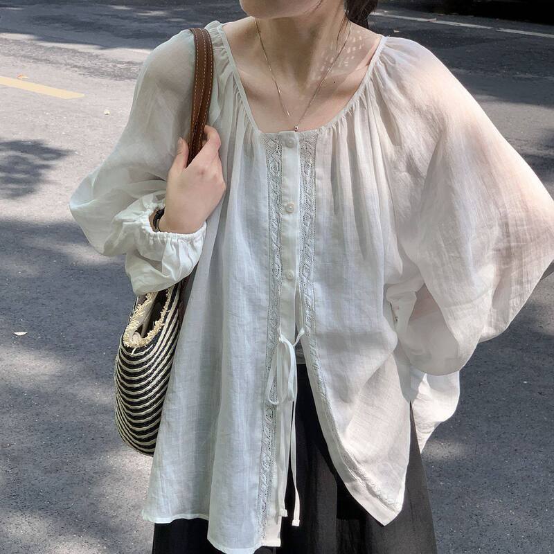 Linen semi-transparent white blouse for women, summer lace-up loose lantern sleeve shirt, thin sun-protective French-style top Linen semi-transparent white blouse for women, summer lace-up loose lantern sleeve shirt, thin sun-protective French-style top
