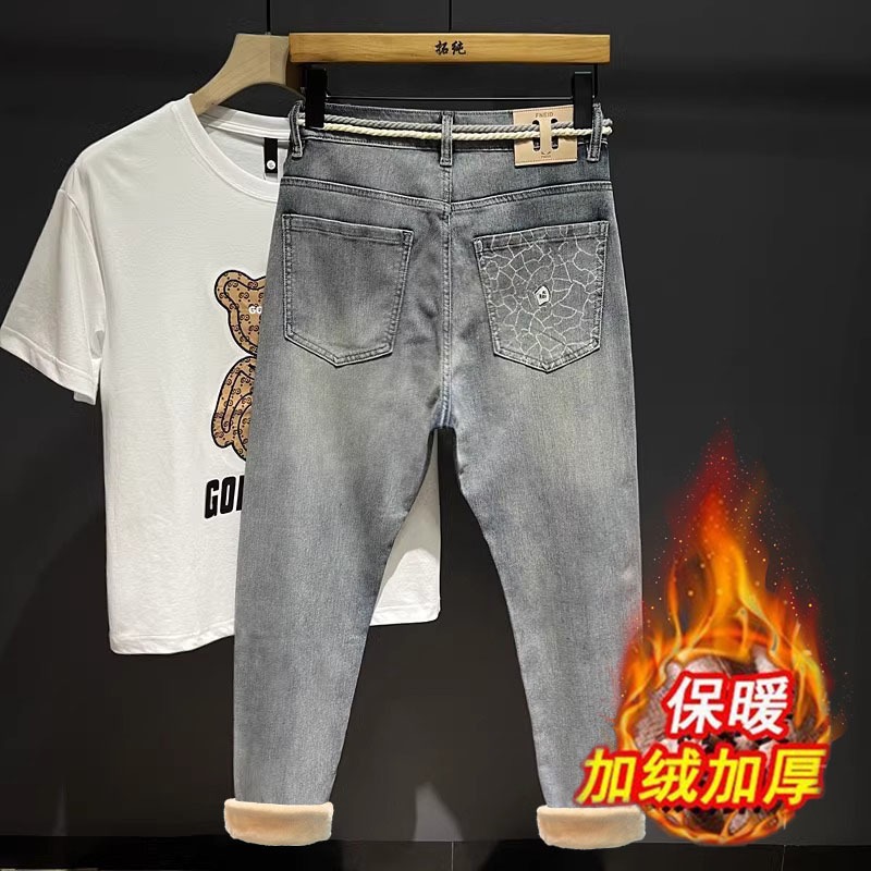 美式高端冬季加厚款浅色潮牌印花牛仔裤男士弹力修身小脚裤锥形裤