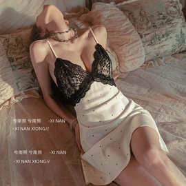 小众韩系吊带睡裙女夏薄款纯欲风蕾丝边V领家居服带胸垫短裙冰丝