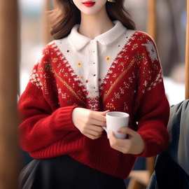 高级感超好看重工钩花红色圣诞穿搭过年毛衣女款2023新款女秋冬季