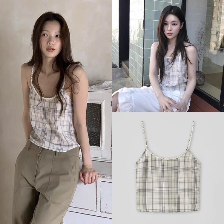 Fan Sun·Xh Korean Style Color-Blocked Plaid Camisole Dongdaemun Summer New U-Neck Slim-Fit Sleeveless Top for Women